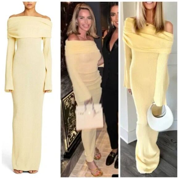 NWT SER.O.YA Maxi Dress Butter Yellow Knit Galleria Off Shoulder size M - Picture 2 of 10
